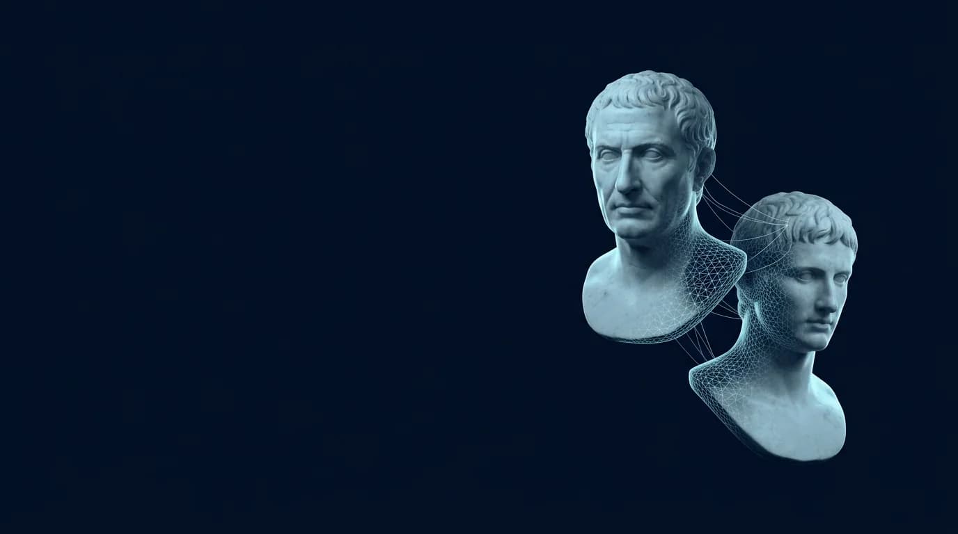 Digital marble bust in a cyan wireframe — the Custom AI employee