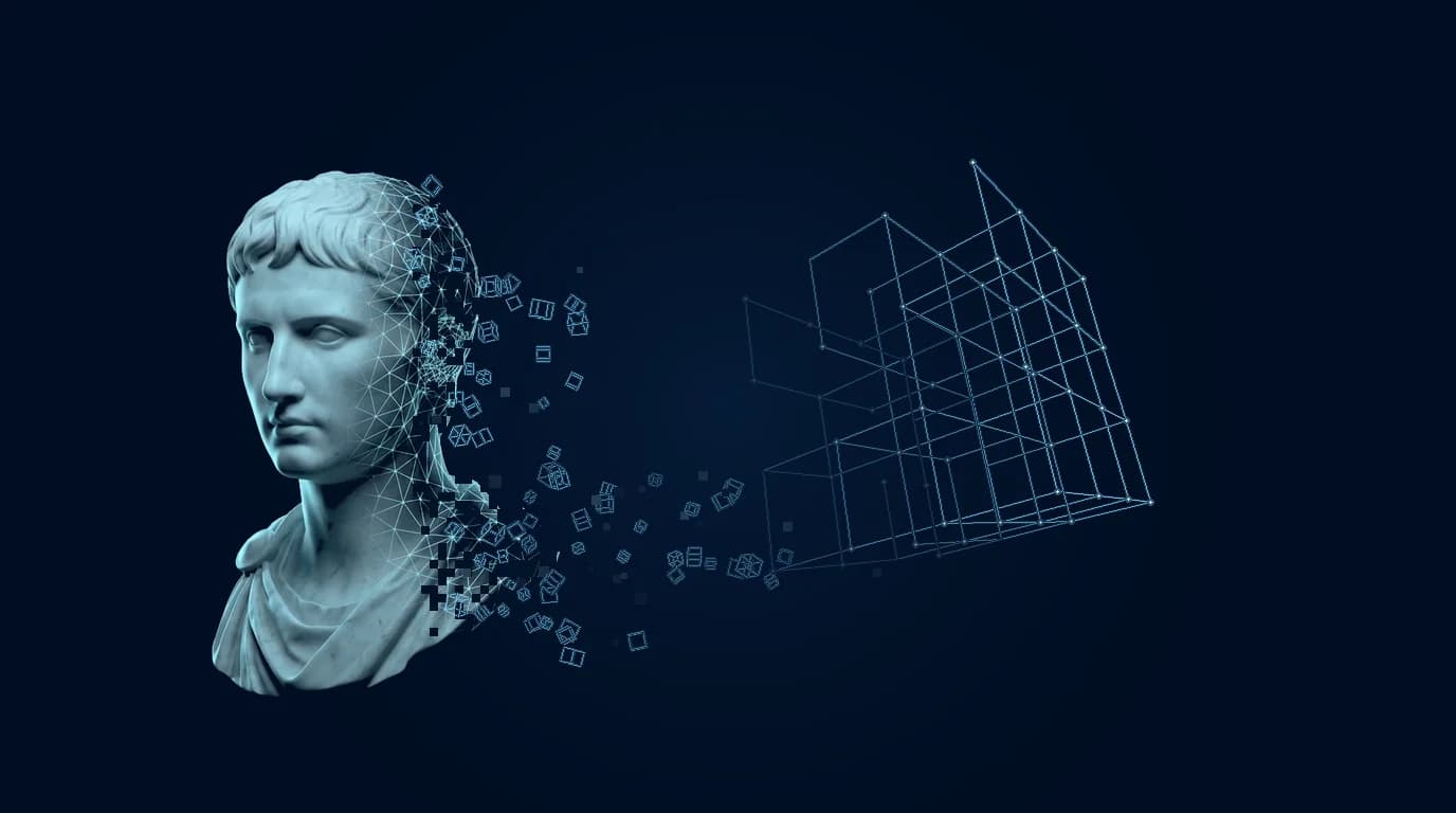 Digital marble bust in a cyan wireframe — the Accounting AI employee