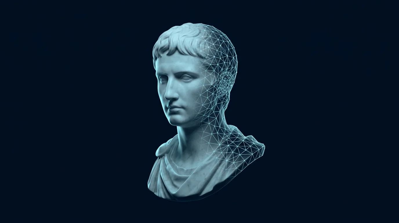 Antique marble bust dissolving into a cyan wireframe mesh — the Unistaff.ai digital employee