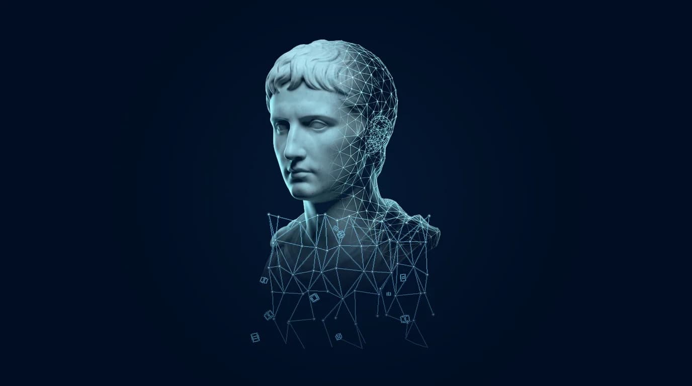 Digital marble bust in a cyan wireframe — the HR AI employee