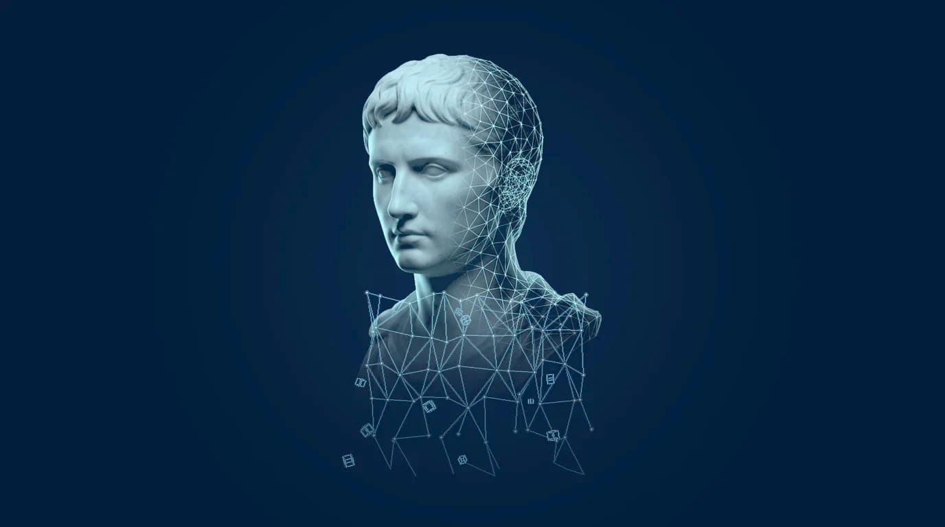 Digital marble bust in a cyan wireframe — the HR AI employee