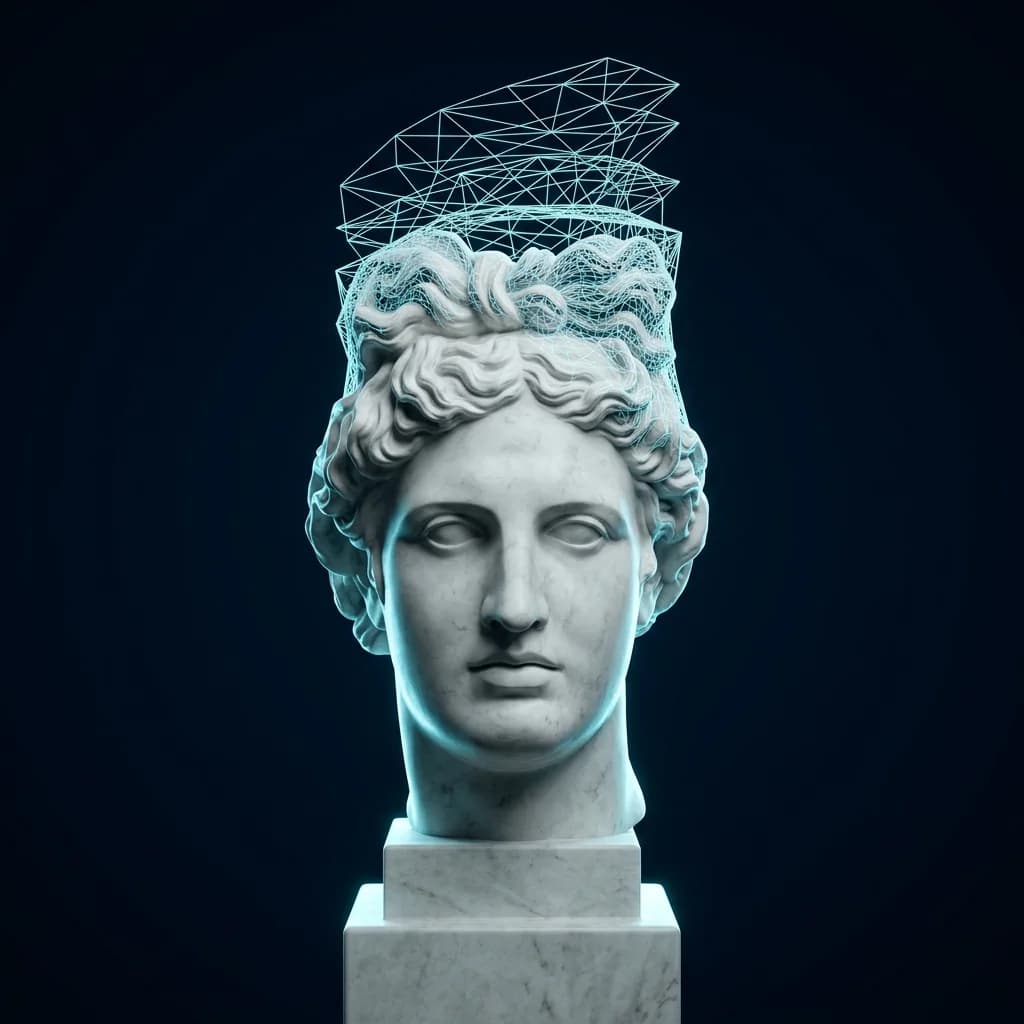Digital marble bust in a cyan wireframe — the Operations AI employee