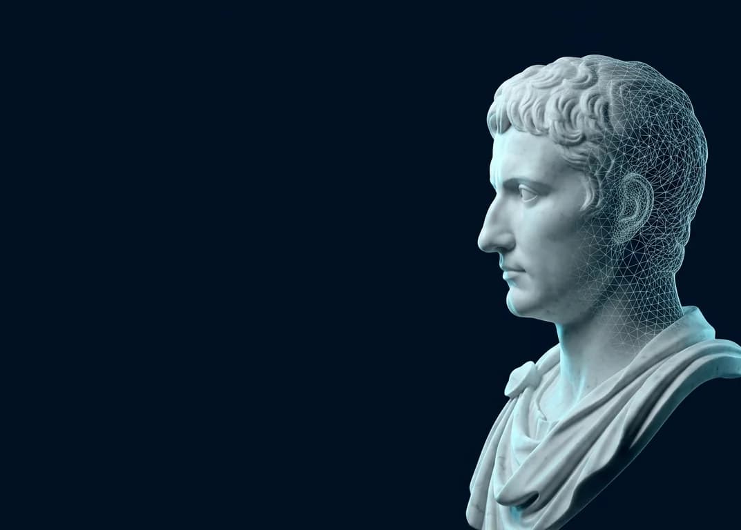 Digital marble bust in a cyan wireframe — AI e-commerce agent