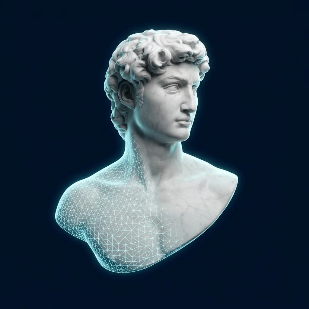 Digital marble bust in a cyan wireframe — the Sales AI employee
