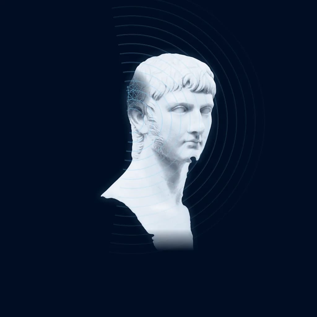 Digital marble bust in a cyan wireframe — the Support AI employee